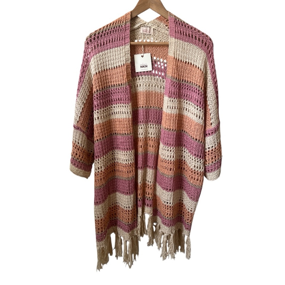 NWT Nekane Crochet Stripe Fringe Open Cardigan Boho Medium Large